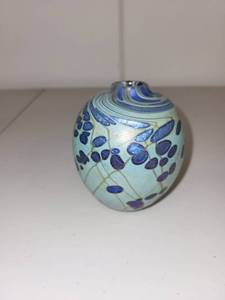 lot 41H image: Signed Studio Art Glass Vase with Blue Floral Motif