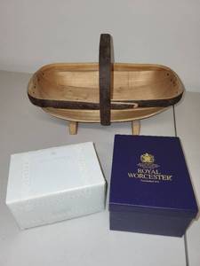 lot 51H image: Vintage Wooden Trug Basket with Michele & Company Doll and Royal Worcester Porcelain Bell