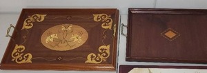 lot 52H image: Set of 3 Wooden Serving Trays with Handles and Decorative Inlay