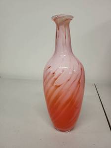 lot 72H image: Hand-Blown Art Glass Vase with Swirled Pink and Orange Design