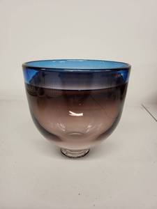 lot 73H image: Blown Glass Art Bowl with Blue Rim Signed by Artist