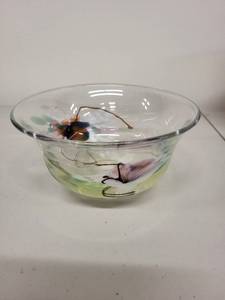 lot 74H image: Hand-Painted Glass Bowl with Floral Design, Signed