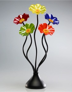 lot 13H image: Scott Johnson Blown Glass Flower Tabletop Bouquet on Metal Stand