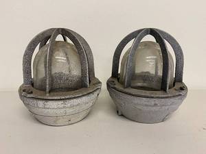 lot 12BC image: Pair of Vintage Crouse-Hinds Industrial Cage Lights, Heavy Duty, Glass Domes