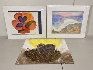 lot 14BC image: Lot of 3 Original Watercolor Paintings - Floral, Landscape, Bird Nest Art