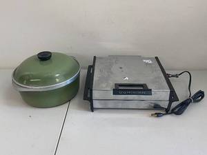 lot 16SP image: Vintage Dominion Waffle Maker and Green Pot with Lid - Used Condition
