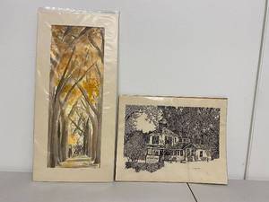 lot 19BC image: Signed Watercolor Painting & Pen Drawing of House - Tree-lined Path Artwork