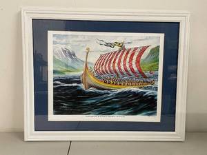 lot 25SP image: Viking Longship Framed Art by M.N. Franson 2009 - Nautical Decor
