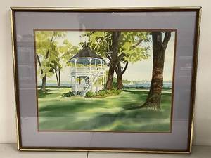 lot 27SP image: Framed Watercolor Landscape Painting with Gazebo by Ziller, 27x31 Inches