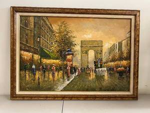 lot 2K image: Framed Oil Painting of Arc de Triomphe Parisian Street Scene 32x42 Inches