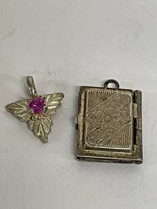 lot 6K image: Vintage Sterling Silver Locket and Leaf Charm with Pink Gemstone