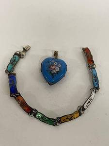 lot 7K image: Antique Heart-Shaped Blue Enamel Floral Pendant & Sterling Silver Multicolor Enamel Bracelet