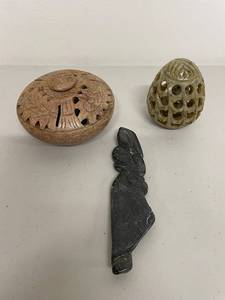 lot 8K image: Lot of 3 Decorative Carved Stone Items Lidded Box, Sculpture, and Egg