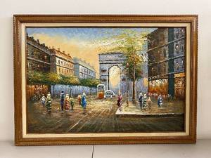 lot 11K image: Framed Oil Painting City Scene Textured Impressionist Artwork 42x30 Inches