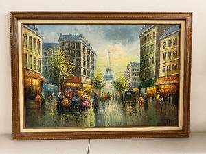lot 12K image: Large Framed Paris Street Scene Painting with Eiffel Tower