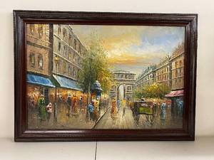 lot 13K image: Framed Impressionist Street Scene Painting with Ornate Wooden Frame