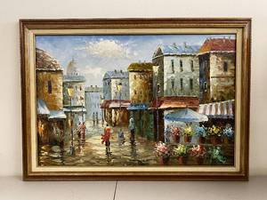 lot 14K image: Framed Oil Painting of Street Scene with Buildings and Figures