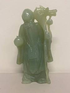 lot 17K image: Green Jade Figurine of Bearded Man with Staff and Sphere
