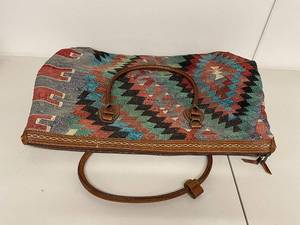 lot 21K image: Colorful Tribal Pattern Textile and Leather Tote Bag with Handles
