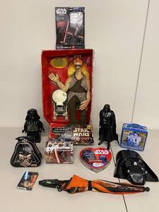 lot 23K image: Star Wars Collectibles Lot Jar Jar Binks Wake-Up, Kylo Ren Lightsaber, Darth Vader
