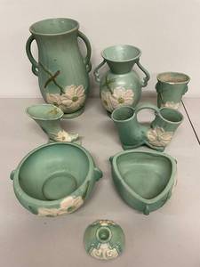 lot 36K image: Vintage Weller Art Pottery 8-Piece Lot with Floral Design in Soft Green