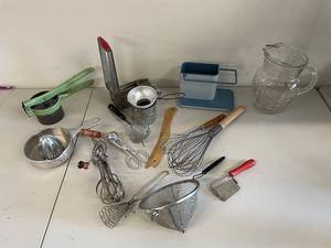 lot 49K image: Vintage Kitchen Utensils Lot with Sifter, Whisks, Glass Pitcher & More