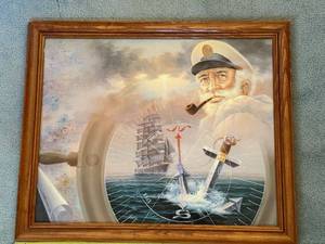 lot 95 image: Signed Framed Nautical Captain Artwork with Ship and Compass Motif