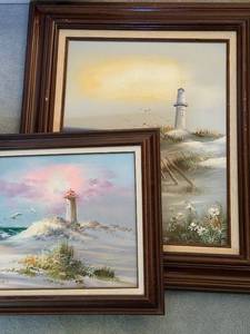 lot 96 image: Set of 2 Framed Lighthouse Beach Landscape Paintings Signed