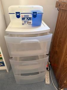 lot 109 image: Sterilite 3-Drawer Plastic Storage Unit with My Kit Organizer Box