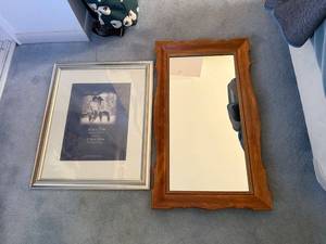 lot 111 image: Framed 16x20 Silver Picture Frame and Scalloped Wood Wall Mirror