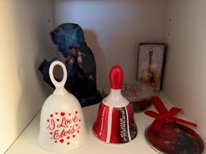 lot 128 image: Elvis Presley Collectible Memorabilia Lot with Bells, Acrylic Figure, Ornament, Guitar, and Coasters