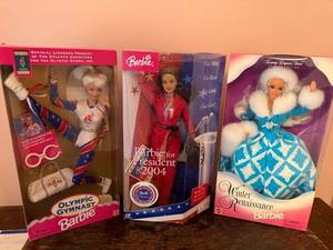 lot 140 image: Collection of 3 Boxed Barbie Dolls - Olympic Gymnast, President 2004, Winter Renaissance