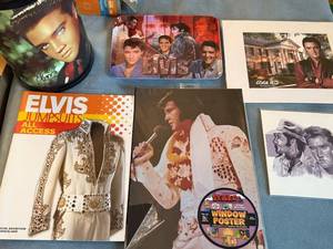 lot 153 image: Elvis Presley Collectible Lot with Prints, Waste basket, Poster, and Tray Plus Star Wars Episode I Poster