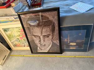 lot 164 image: Framed Artwork Trio Elvis Presley Mosaic, Floral Painting, and Washington DC Cityscape