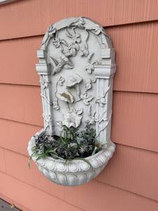 lot 301 image: Decorative Wall-Mounted Cement Planter with Floral Relief