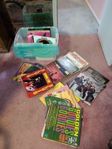 lot 220 image: Large Collection of Vintage Vinyl Records with Storage Bin Including Elvis, Sawyer Brown, and More