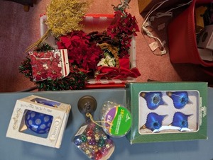 lot 235 image: Collection of Christmas Ornaments, Artificial Flowers, Hangers, and Holiday Decor