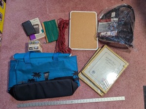 lot 264 image: Office and Organization Supply Lot with Cooler Bag, Frames, Lumbar Support, and Corkboard