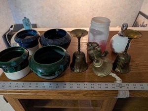 lot 273 image: Collection of Mixed Brass Decor, Ceramic Bowls, Glass Jar, and Atomizer