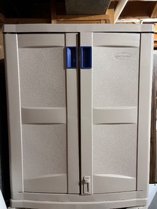 lot 209 image: Suncast Plastic Storage Cabinet with Shelves and Locking Handle