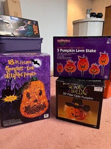 lot 251 image: Halloween Pumpkin Decorations Lot 18 in. 3D Lighted Pumpkin, 5 Pumpkin Lawn Stake Set, 20 in. Fiber Optic Pumpkin