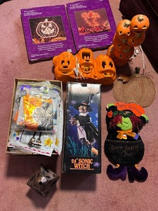 lot 270 image: Large Halloween Decor Collection with Lighted Pumpkins, Witch Figure, and Lantern