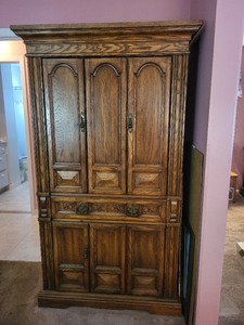 lot 3 image: Solid Wood Armoire with Ornate Brass Hardware