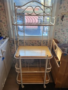 lot 16 image: White Metal and Wood Kitchen Bakers Rack with Shelves and Gold Accents