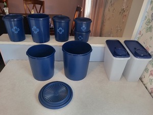 lot 23 image: Vintage Blue Plastic Canister Set with Lids, 8 Pieces