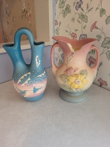 lot 28 image: Lot of 2 Decorative Vases - Blue Signed Native Pottery & Pink Floral Relief Pitcher