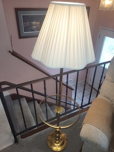 lot 49 image: Brass Floor Lamp with Glass Tray Table and Pleated Shade