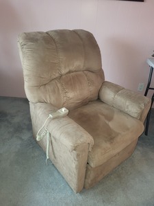 lot 54 image: Used Power Lift Recliner Chair with Remote - Beige Microfiber Upholstery