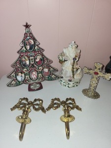 lot 60 image: Holiday Decor Collection with Brass Candle Holders and Santa Figurine