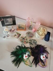 lot 62 image: Collection of Decorative Collectibles and Figurines Including Angel Globe and Porcelain Masks